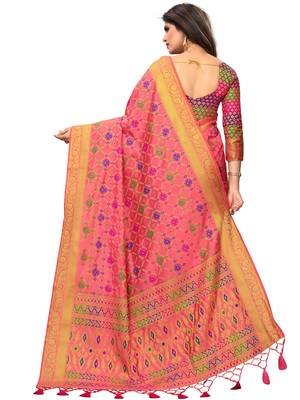 Peach woven jacquard saree with blouse 4
