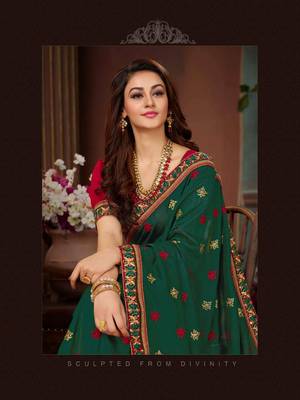 Dark green embroidered art silk saree with blouse 2