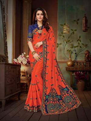 Orange embroidered art silk saree with blouse 1