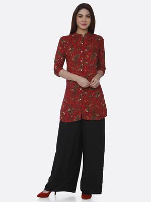 Red printed rayon kurta set 1