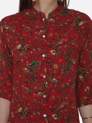 Red printed rayon kurta set 4