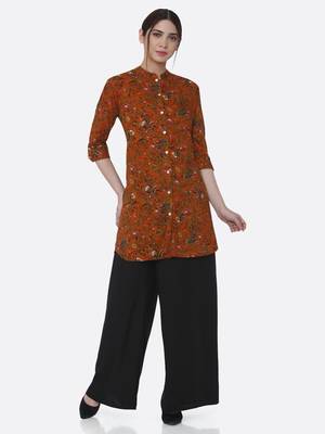 Orange printed rayon kurta set 1