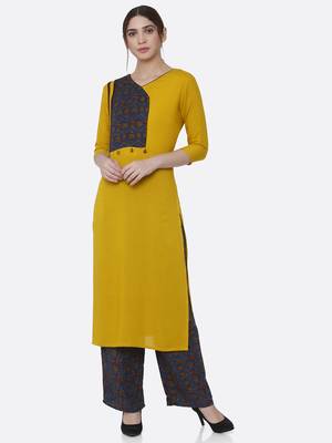 Yellow printed rayon kurta set 1