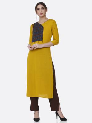 Yellow printed rayon kurta set 1