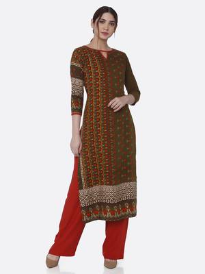 Dark-green printed rayon kurta set 1
