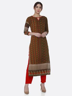 Dark-green printed rayon kurta set 1