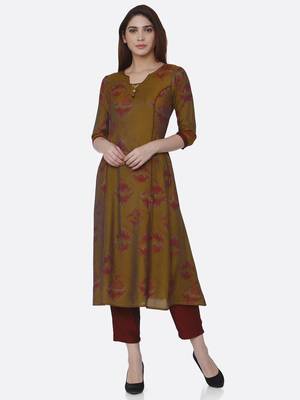 Mustard printed viscose kurta set 1