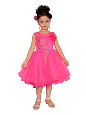 Pink Embroidered Net Kids-Frocks 1