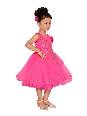 Pink Embroidered Net Kids-Frocks 4