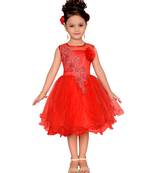 Red Embroidered Net Kids Frocks