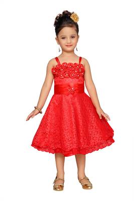 Red Plain Net Kids-Frocks 1