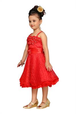 Red Plain Net Kids-Frocks 2