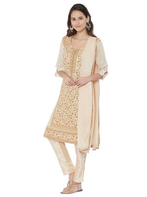 Beige Embroidered Chanderi Silk Salwar With Dupatta 2