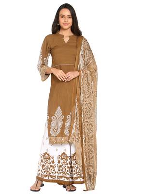 Beige printed crepe kameez with dupatta 1