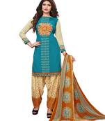 Turquoise Printed Crepe Salwar With Dupatta