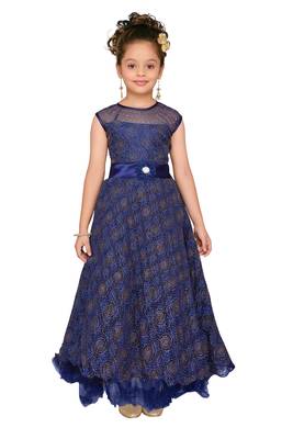 Blue Embroidered Net Kids-Girl-Gowns 1