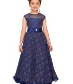 Blue Embroidered Net Kids-Girl-Gowns