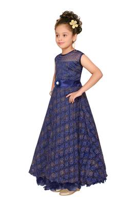 Blue Embroidered Net Kids-Girl-Gowns 2