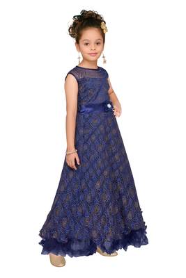 Blue Embroidered Net Kids-Girl-Gowns 4