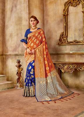 Blue woven banarasi saree with blouse 1