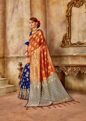 Blue woven banarasi saree with blouse 3