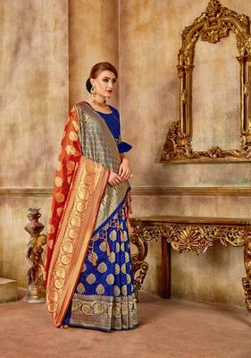 Blue woven banarasi saree with blouse 4