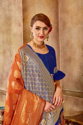 Blue woven banarasi saree with blouse 5