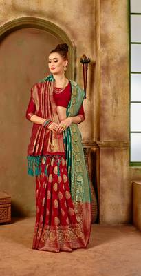 Red woven banarasi saree with blouse 4
