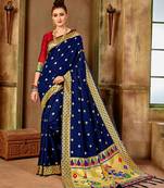 Navy blue woven silk blend saree with blouse
