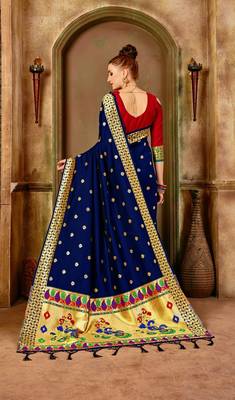 Navy blue woven silk blend saree with blouse 2