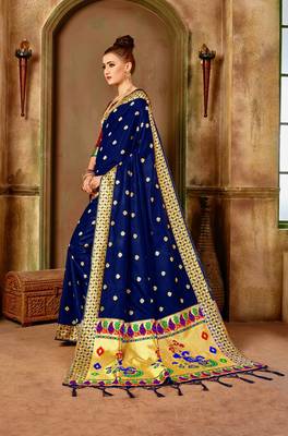 Navy blue woven silk blend saree with blouse 3
