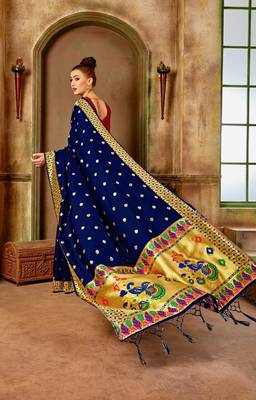 Navy blue woven silk blend saree with blouse 5