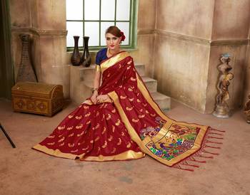 Red woven banarasi saree with blouse 4