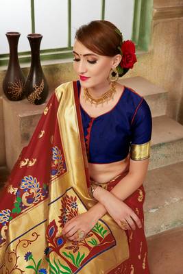 Red woven banarasi saree with blouse 5