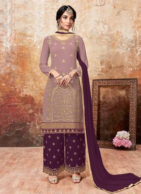 Peach embroidered faux georgette salwar with dupatta 1
