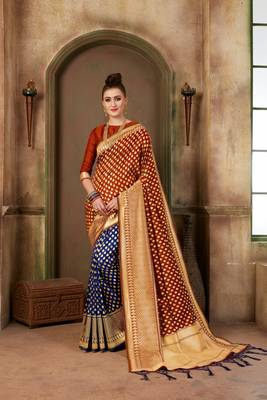 Orange woven banarasi saree with blouse 1
