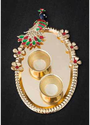 Elegant elements handcrafted golden peacock cut work pooja thali 1