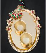 Elegant elements handcrafted golden peacock cut work pooja thali