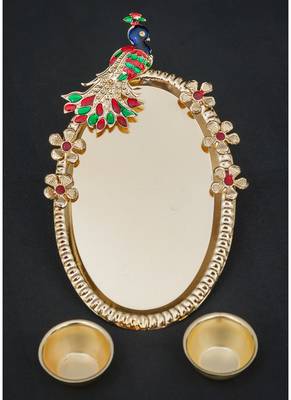 Elegant elements handcrafted golden peacock cut work pooja thali 2