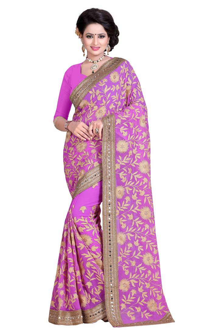 Lavender Embroidered Georgette Saree With Unstitched Blouse Piece main image 0