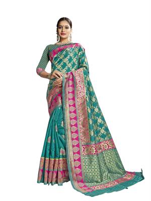 Green woven banarasi saree with blouse 1