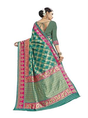 Green woven banarasi saree with blouse 4