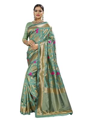 Green woven banarasi saree with blouse 1