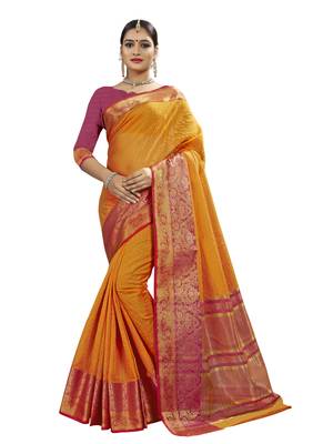 Mustard woven banarasi saree with blouse 1