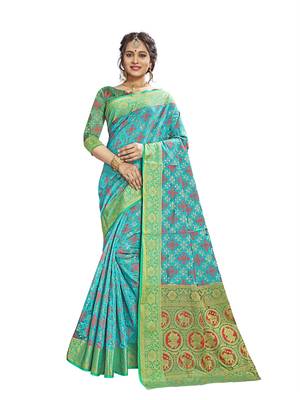 Turquoise woven patola saree with blouse 1