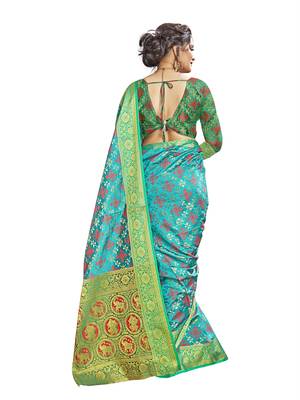 Turquoise woven patola saree with blouse 3