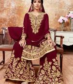 Maroon embroidered faux georgette salwar with dupatta
