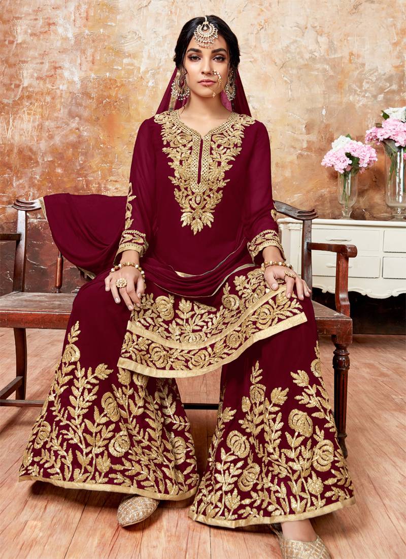 Maroon embroidered faux georgette salwar with dupatta