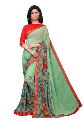 Green woven georgette saree with blouse 1