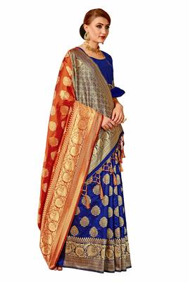 Blue plain art silk sarees saree with blouse 3